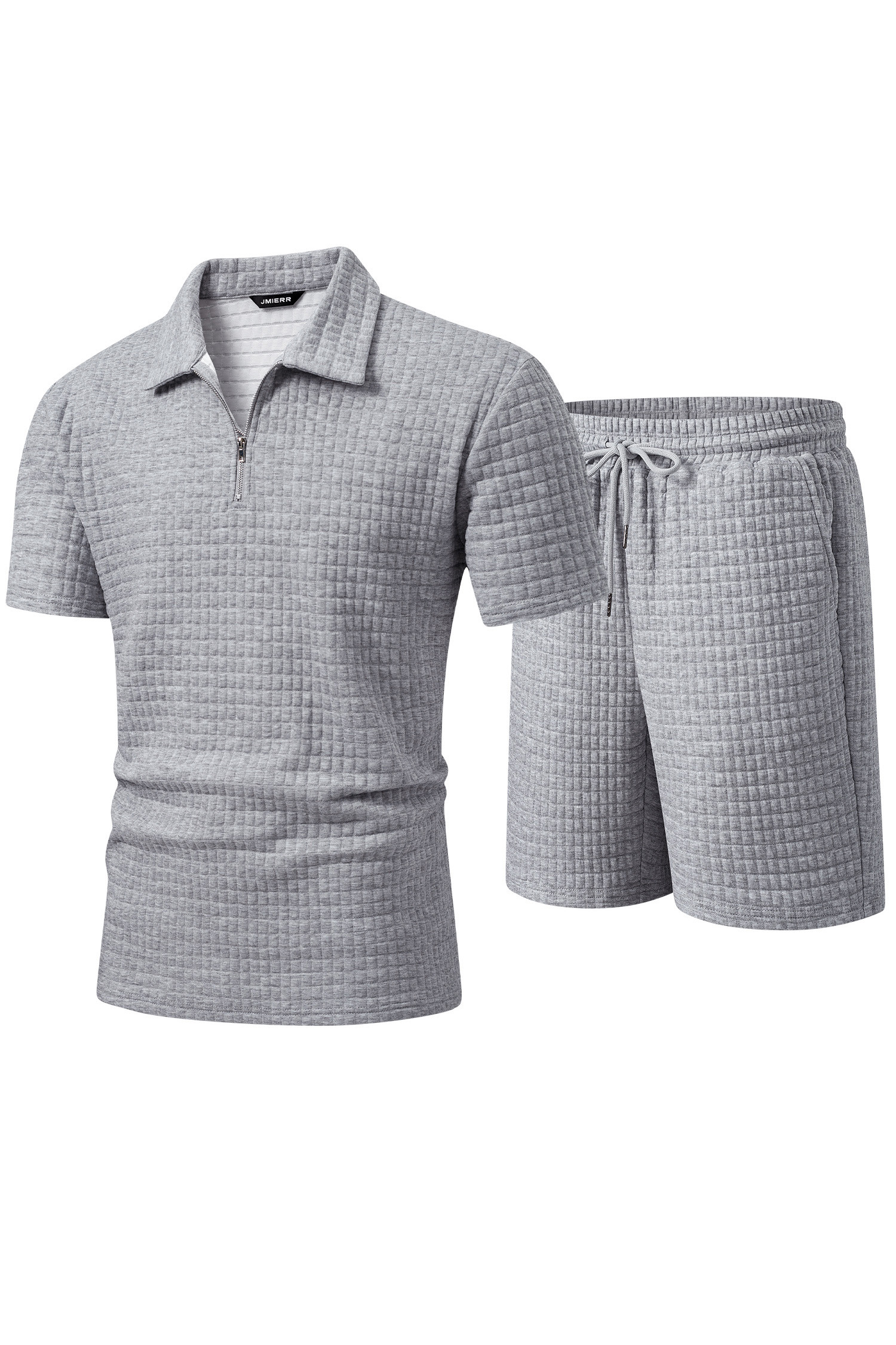 JMIERR Men's 2 Piece Waffle Knit Outfit Half Zip Polo Shirt and Shorts Textured Summer Set
