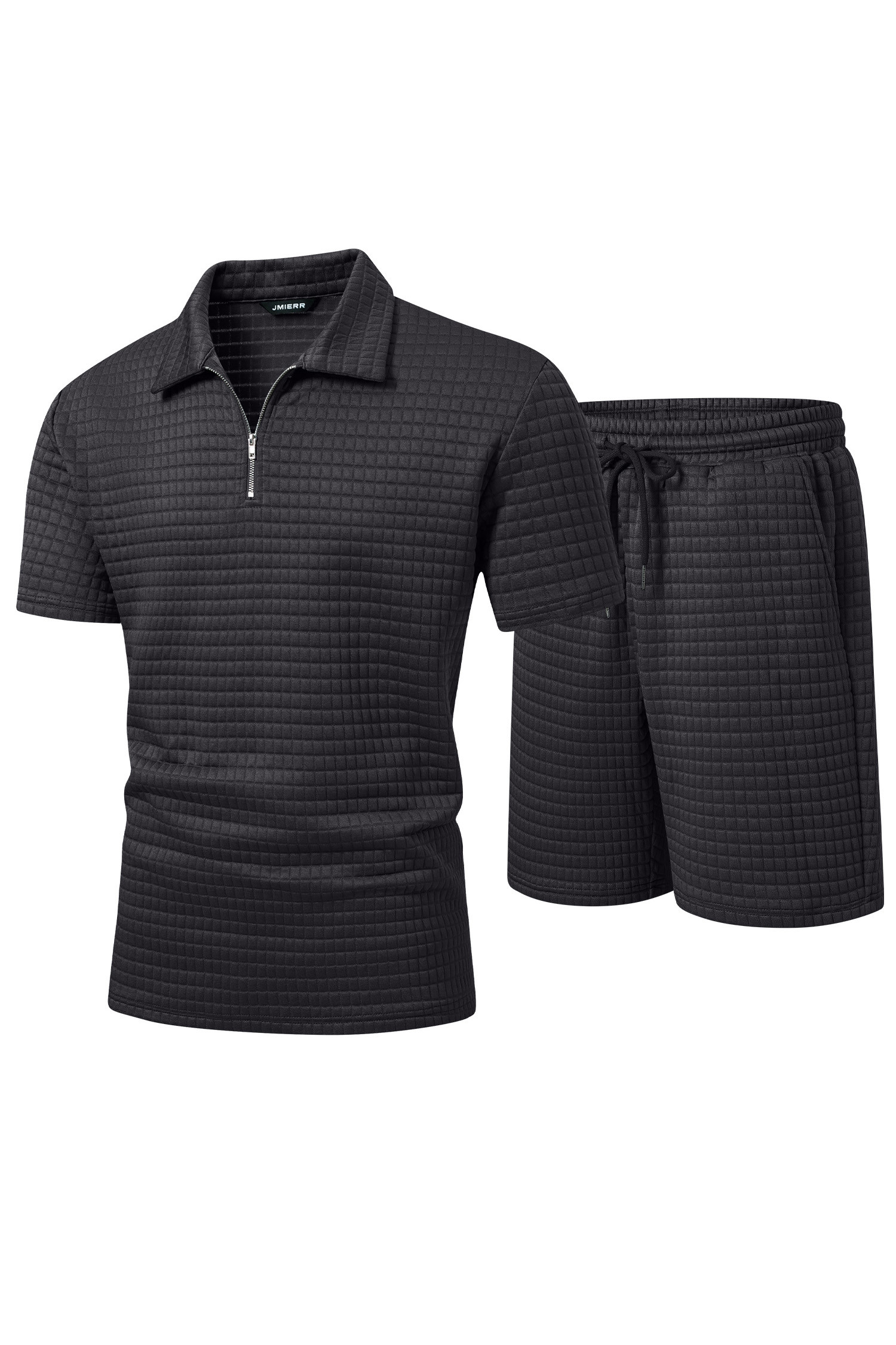 JMIERR Men's 2 Piece Waffle Knit Outfit Half Zip Polo Shirt and Shorts Textured Summer Set