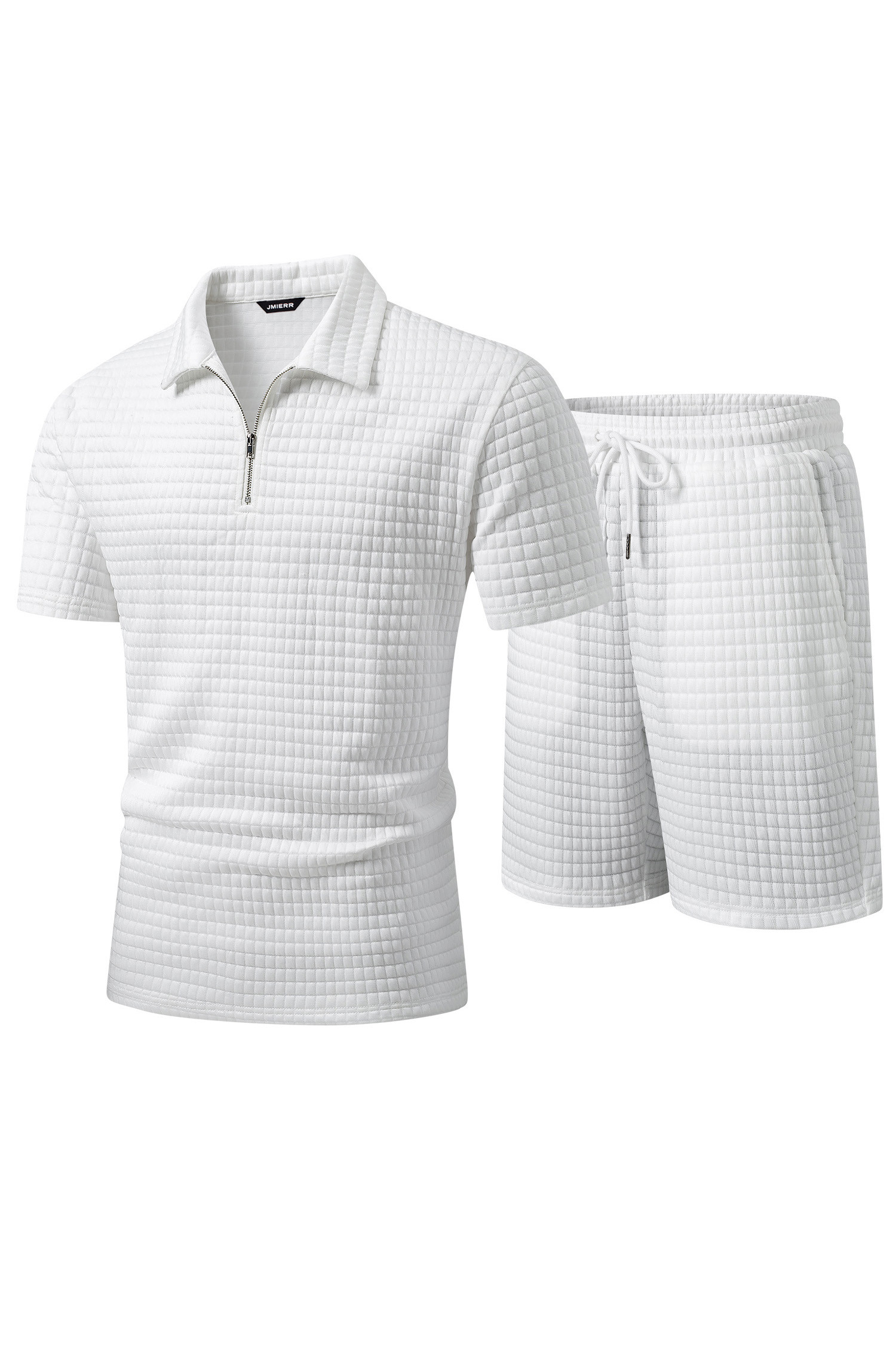 JMIERR Men's 2 Piece Waffle Knit Outfit Half Zip Polo Shirt and Shorts Textured Summer Set