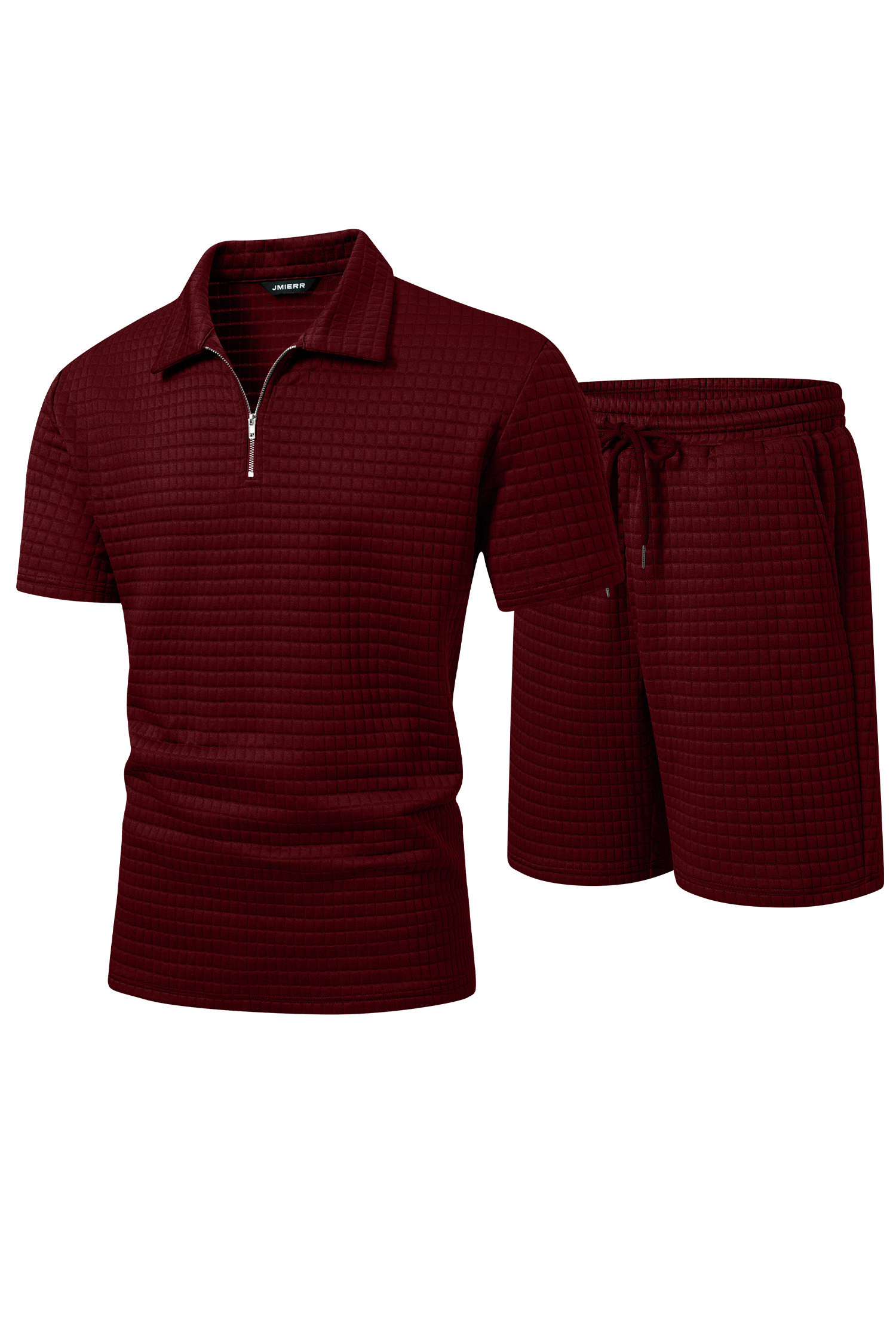 JMIERR Men's 2 Piece Waffle Knit Outfit Half Zip Polo Shirt and Shorts Textured Summer Set