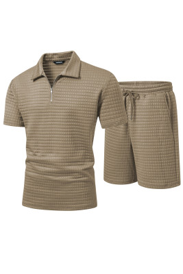 JMIERR Men's 2 Piece Waffle Knit Outfit Half Zip Polo Shirt and Shorts Textured Summer Set MC62254-P7016