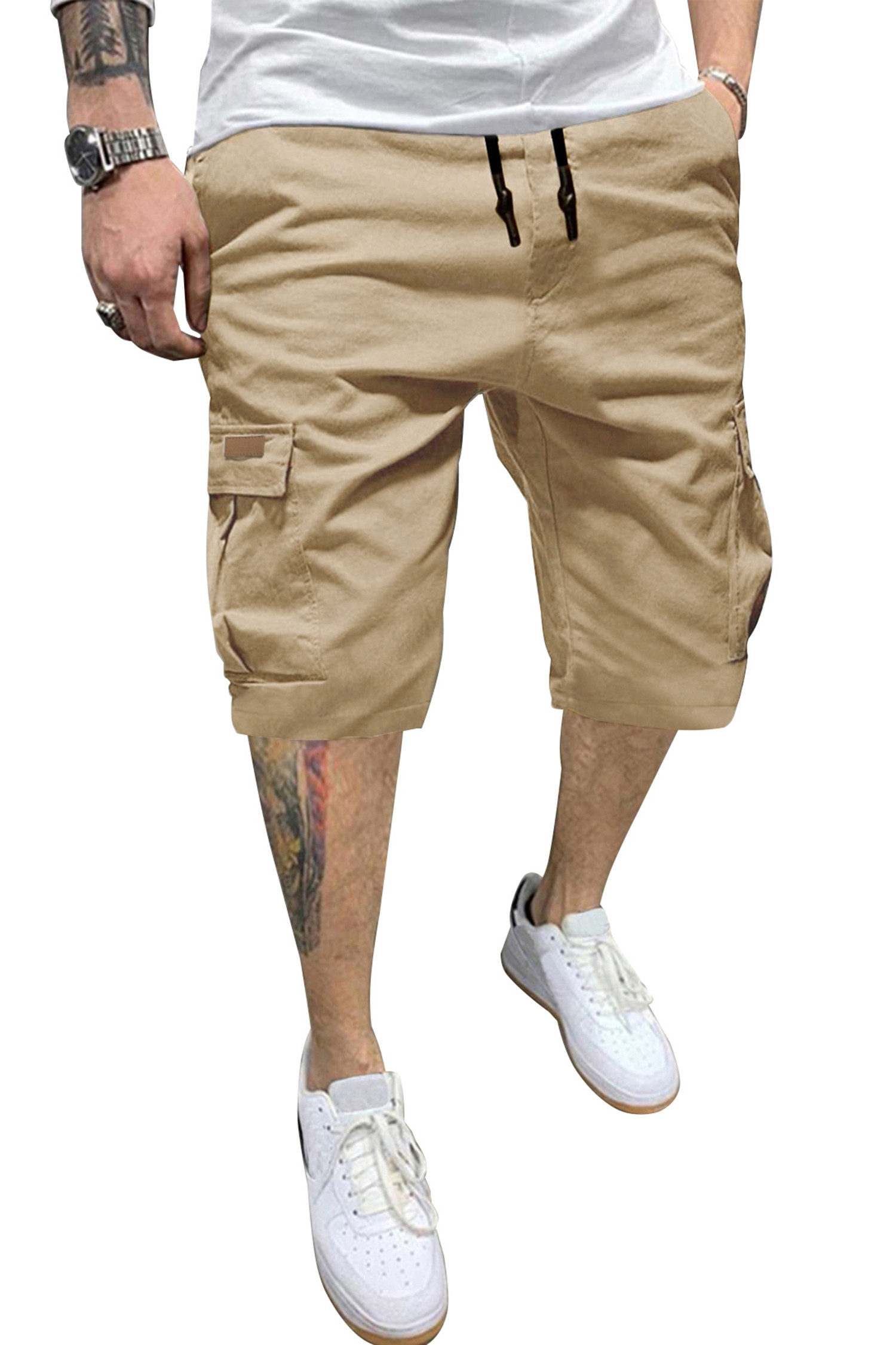 JMIERR Mens Casual Cotton Twill Cargo Shorts Drawstring Classic Chino Stretch Short with 6 Pockets