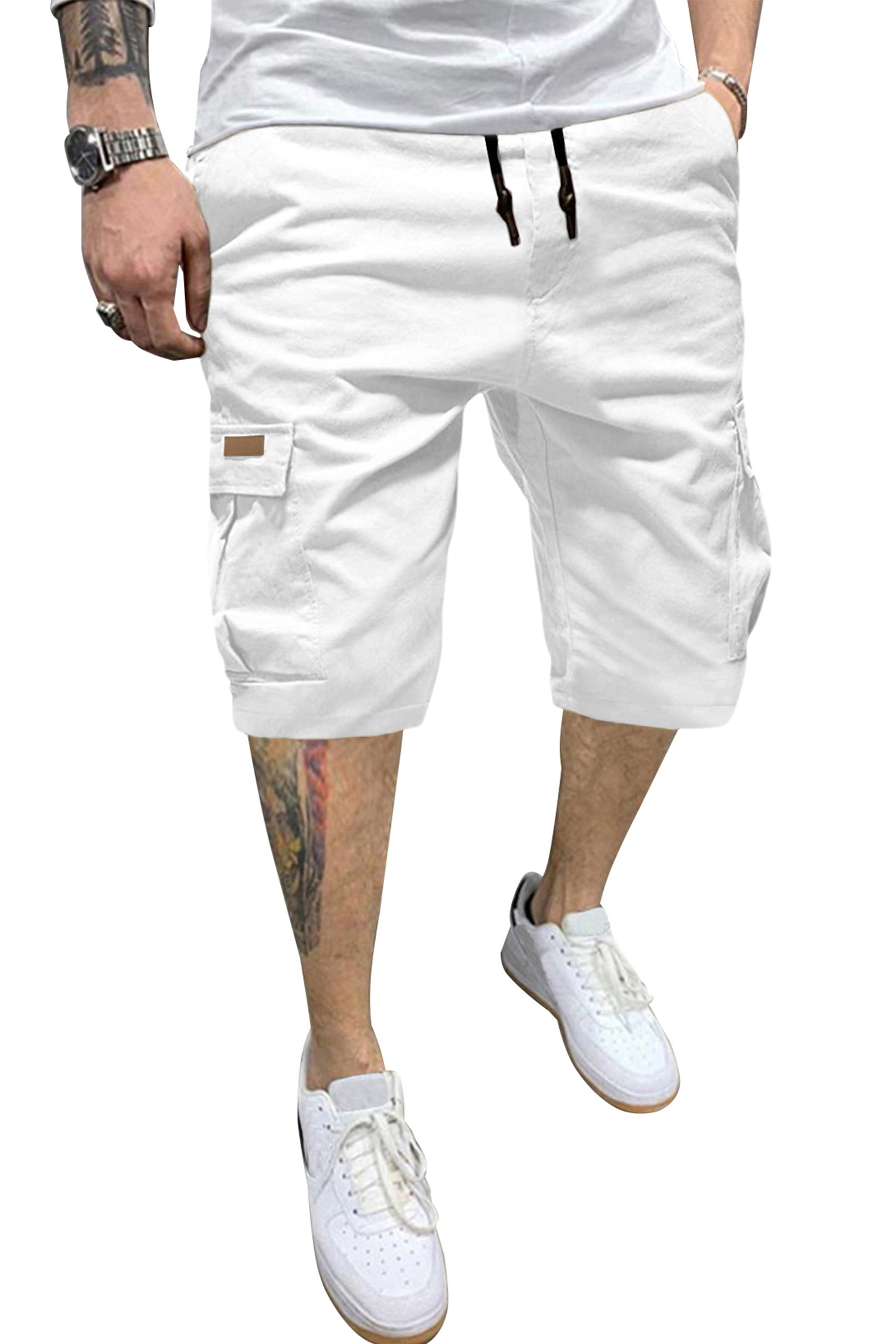 JMIERR Mens Casual Cotton Twill Cargo Shorts Drawstring Classic Chino Stretch Short with 6 Pockets