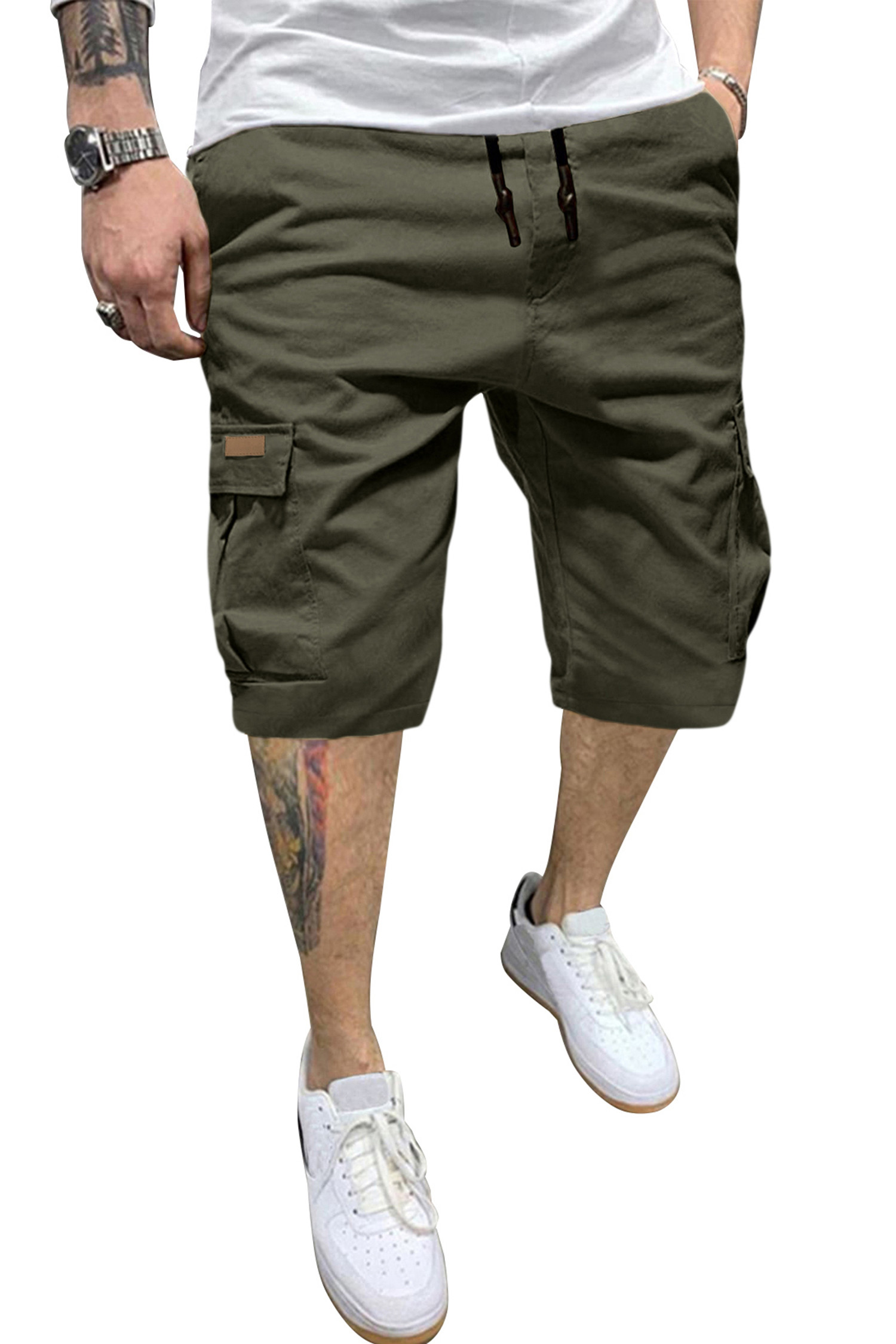 JMIERR Mens Casual Cotton Twill Cargo Shorts Drawstring Classic Chino Stretch Short with 6 Pockets