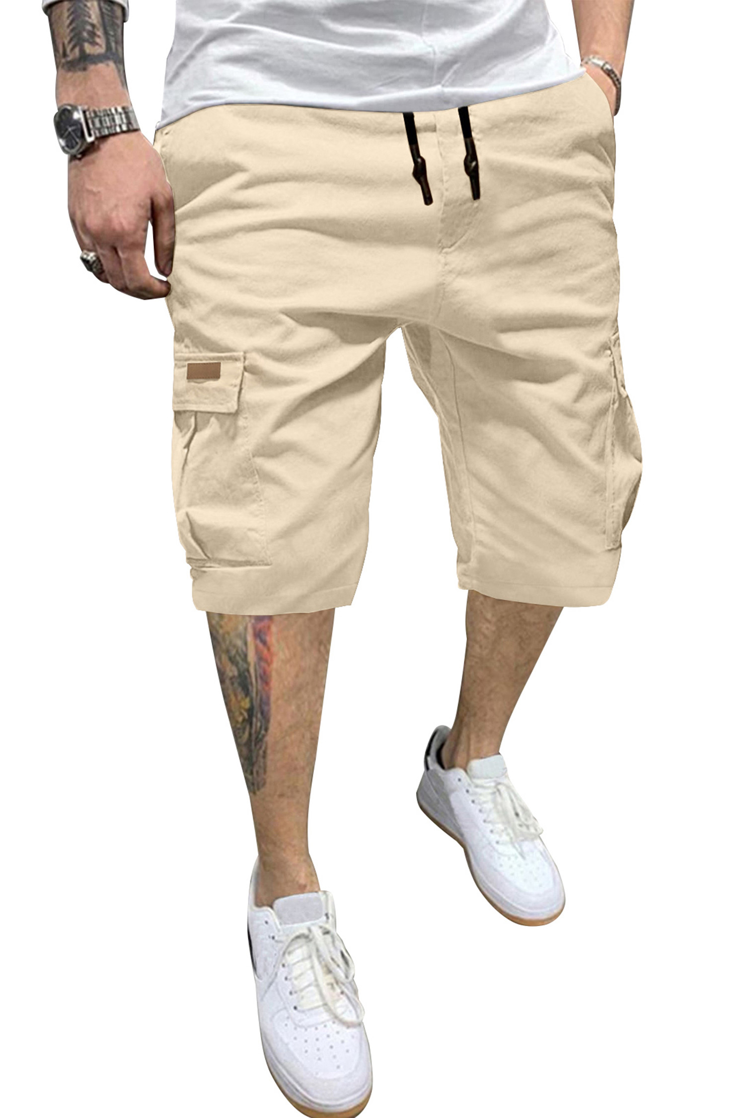 JMIERR Mens Casual Cotton Twill Cargo Shorts Drawstring Classic Chino Stretch Short with 6 Pockets