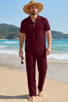 JMIERR Mens Summer Outfits 2 Piece Short Sets Beach Waffle 1/4 Zip Polo Shirts Casual Loose Pant Loungewear MC62255-P503