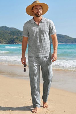JMIERR Mens Summer Outfits 2 Piece Short Sets Beach Waffle 1/4 Zip Polo Shirts Casual Loose Pant Loungewear MC62255-P11