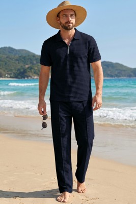 JMIERR Mens Summer Outfits 2 Piece Short Sets Beach Waffle 1/4 Zip Polo Shirts Casual Loose Pant Loungewear MC62255-P605
