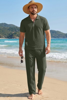 JMIERR Mens Summer Outfits 2 Piece Short Sets Beach Waffle 1/4 Zip Polo Shirts Casual Loose Pant Loungewear MC62255-P2909
