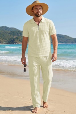 JMIERR Mens Summer Outfits 2 Piece Short Sets Beach Waffle 1/4 Zip Polo Shirts Casual Loose Pant Loungewear MC62255-P18