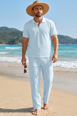 JMIERR Mens Summer Outfits 2 Piece Short Sets Beach Waffle 1/4 Zip Polo Shirts Casual Loose Pant Loungewear MC62255-P804