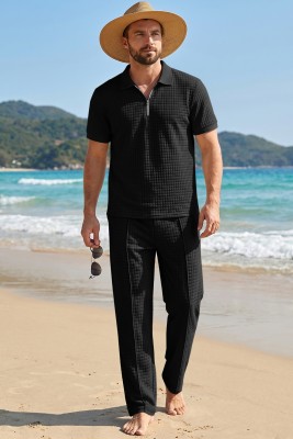 JMIERR Mens Summer Outfits 2 Piece Short Sets Beach Waffle 1/4 Zip Polo Shirts Casual Loose Pant Loungewear MC62255-P2