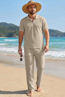 JMIERR Mens Summer Outfits 2 Piece Short Sets Beach Waffle 1/4 Zip Polo Shirts Casual Loose Pant Loungewear MC62255-P6016