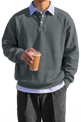 JMIERR Mens Casual Cotton Polo Sweatshirts Long Sleeve Stripe Button Collared Fleece Pullover Shirts Gray pullover MC2531032-P11
