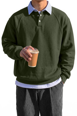 JMIERR Mens Casual Cotton Polo Sweatshirts Long Sleeve Stripe Button Collared Fleece Pullover Shirts Moss Green pullover MC2531032-P1609