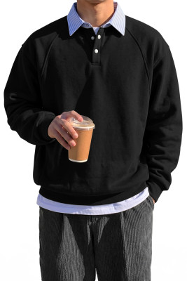 JMIERR Mens Casual Cotton Polo Sweatshirts Long Sleeve Stripe Button Collared Fleece Pullover Shirts Black pullover MC2531032-P2