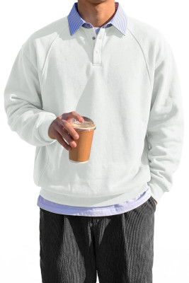 JMIERR Mens Casual Cotton Polo Sweatshirts Long Sleeve Stripe Button Collared Fleece Pullover Shirts White pullover MC2531032-P1