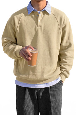 JMIERR Mens Casual Cotton Polo Sweatshirts Long Sleeve Stripe Button Collared Fleece Pullover Shirts Apricot pullover MC2531032-P18