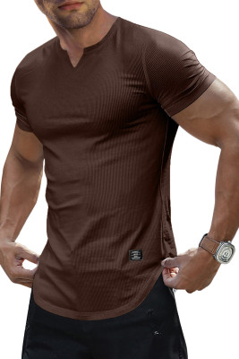 JMIERR Mens Muscle Slim T Shirts Texture V Neck Longline Henley Gym Workout Athletic Tee Shirt MC2522226-P7017