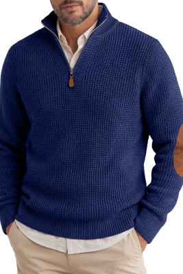 JMIERR Men's Waffle Knit Sweater Pullover Quarter Zip Suede Patch MC27366-P605