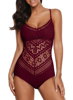 Red Lace Cutout One Piece Swimsuit LC412198-3