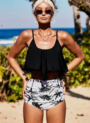 Black Boho Pom Pom High Waisted Tankini LC411293-2