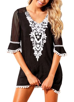 Crochet Pom Pom Trim Tunic Cover Up LC42231-2