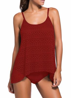 Burgundy Lace Overlay Spaghetti Straps Tankini LC41962-6