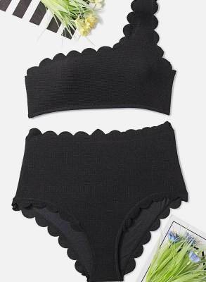 Black Solid Color One Shoulder High Waisted Bikini LC411536-2