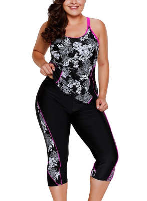 Black Floral Printed Racerback Rashguard LC410443-2