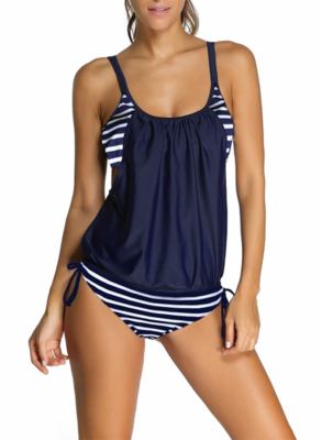 Sky Blue Layered-Style Striped With Triangular Briefs Tankini LC41990-104