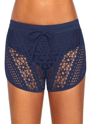 Navy Blue Hollow Out Lace Overlay Swim Short Bottom LC410572-5