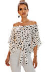 Asvivid Womens Vintage Polka Dot Printed Off the Shoulder Tops 3/4 Sleeve Tie Knot Shirt Chiffon Bloues