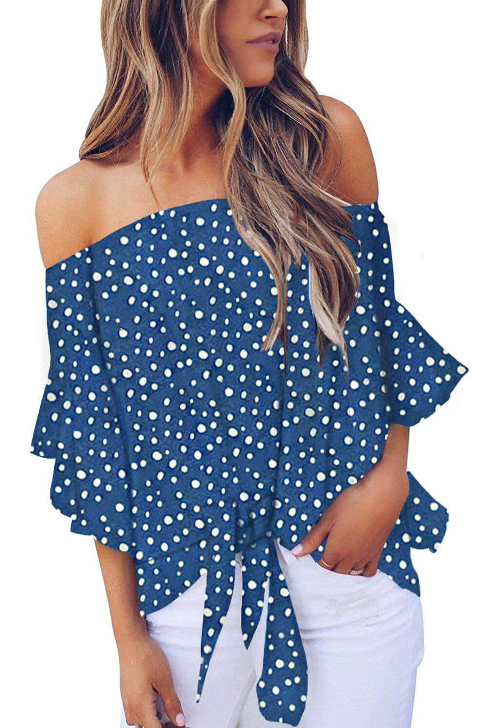 Asvivid Womens Vintage Polka Dot Printed Off the Shoulder Tops 3/4 Sleeve Tie Knot Shirt Chiffon Bloues