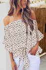 Asvivid Womens Vintage Polka Dot Printed Off the Shoulder Tops 3/4 Sleeve Tie Knot Shirt Chiffon Bloues
