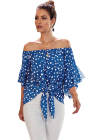 Asvivid Womens Vintage Polka Dot Printed Off the Shoulder Tops 3/4 Sleeve Tie Knot Shirt Chiffon Bloues