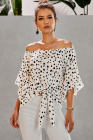 Asvivid Womens Vintage Polka Dot Printed Off the Shoulder Tops 3/4 Sleeve Tie Knot Shirt Chiffon Bloues
