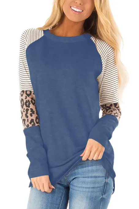 Blue Striped and Leopard Color Block Sleeves Top