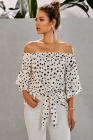 Asvivid Womens Vintage Polka Dot Printed Off the Shoulder Tops 3/4 Sleeve Tie Knot Shirt Chiffon Bloues