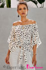 Asvivid Womens Vintage Polka Dot Printed Off the Shoulder Tops 3/4 Sleeve Tie Knot Shirt Chiffon Bloues