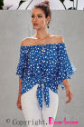 Asvivid Womens Vintage Polka Dot Printed Off the Shoulder Tops 3/4 Sleeve Tie Knot Shirt Chiffon Bloues
