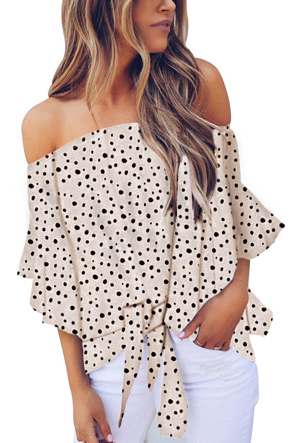 Asvivid Womens Vintage Polka Dot Printed Off the Shoulder Tops 3/4 Sleeve Tie Knot Shirt Chiffon Bloues