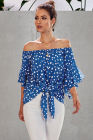 Asvivid Womens Vintage Polka Dot Printed Off the Shoulder Tops 3/4 Sleeve Tie Knot Shirt Chiffon Bloues