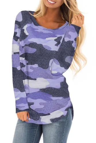 Asvivid Womens Camouflage Print Long Sleeve Pullover Tops Loose Crewneck Autumn Knit Tunic Sweatshirt