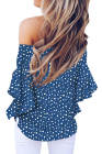 Asvivid Womens Vintage Polka Dot Printed Off the Shoulder Tops 3/4 Sleeve Tie Knot Shirt Chiffon Bloues