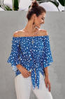 Asvivid Womens Vintage Polka Dot Printed Off the Shoulder Tops 3/4 Sleeve Tie Knot Shirt Chiffon Bloues