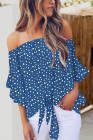 Asvivid Womens Vintage Polka Dot Printed Off the Shoulder Tops 3/4 Sleeve Tie Knot Shirt Chiffon Bloues