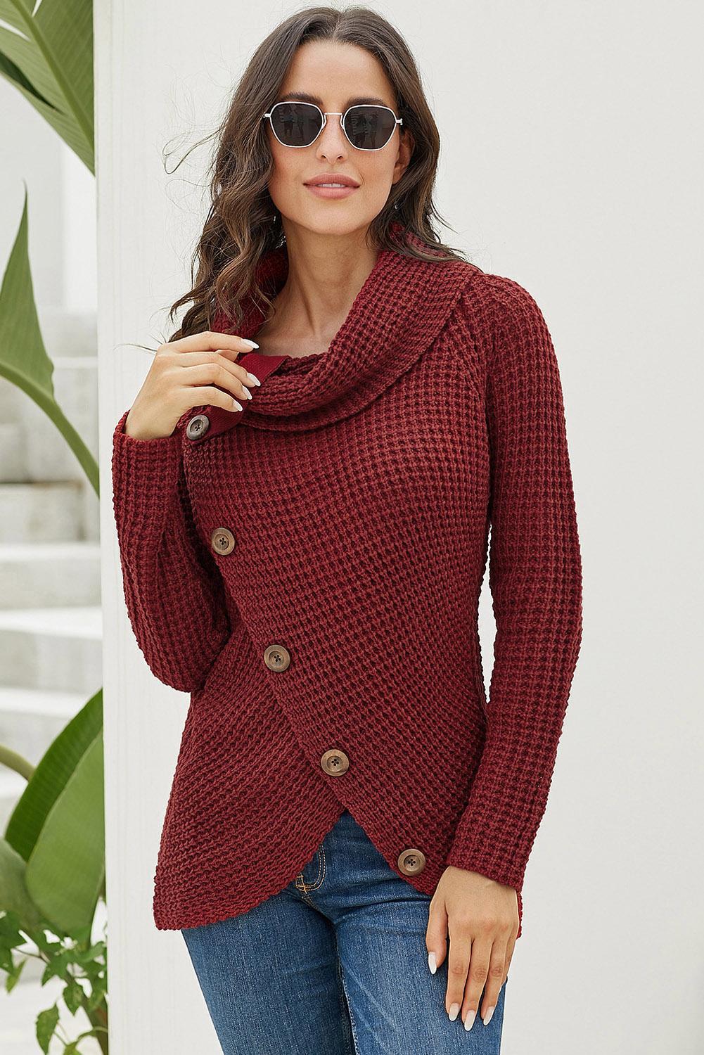 $ 35.99 - Asvivid Women's Button Turtle Cowl Neck Asymmetric Hem Wrap Pullover Sweater - www
