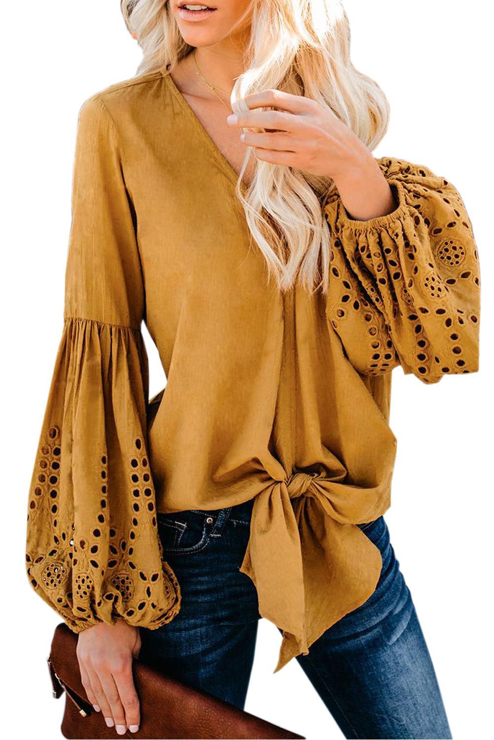 Asvivid Womens Casual V Neck Balloon Long Sleeve Tops Hollow Out Tie Knot Loose Shirt and Blouses 