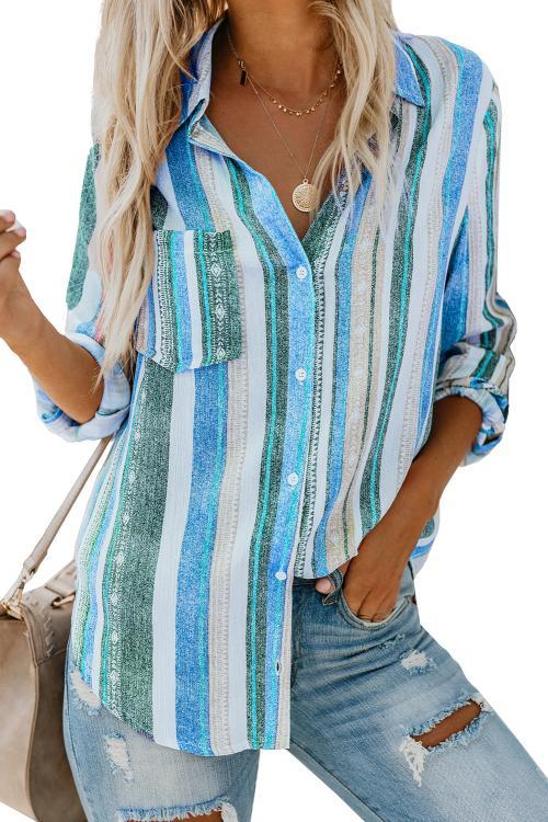 Asvivid Womens Casual Colorful Striped Shirt Lapel V Neck Roll Long Sleeve Pocket Loose Flowy Chiffon Blouses Tops